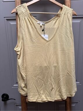 Mystree Smocked Shoulder V-Neck Tank in Soft Yellow